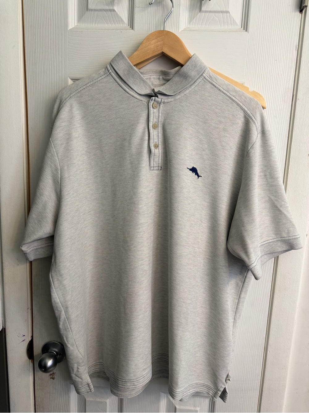 Tommy Bahama Light Gray Polo with Navy Dolphin Logo